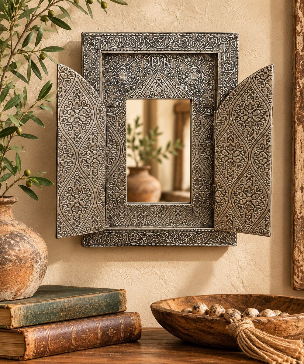 Moroccan Embossed Metal Picture Frame 4x6 Hinged Doors Wall Tabletop Boho